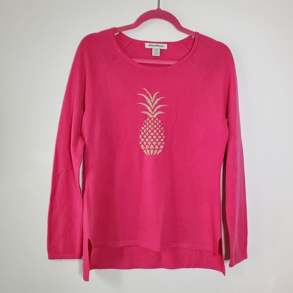 Tommy Bahama Bright Pink Sweater with Pineapple Motif glitter Wool/Cashmere